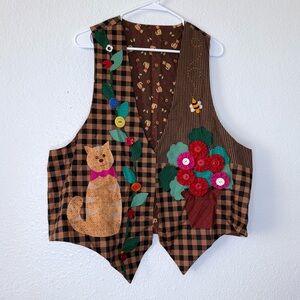 Handmade Vintage Plaid Cat Lady Floral Garden Cottage Open Front Vest 1X